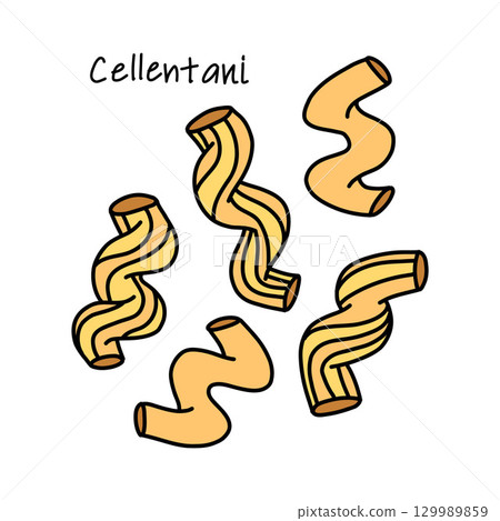 Spiral pasta cellentani, handful of italian macaroni on white background 129989859