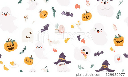 俏皮的萬聖節圖案，以鬼魂、南瓜和蝙蝠為特色 129989977