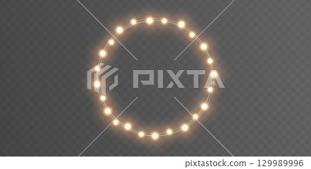 Christmas gold light circle frame. Fairy bulb banner. New Year luxury string garland. Winter party background. Led neon baubles. Festive border. Glow lamp bg. Glitter bright lamp. Vector illustration 129989996