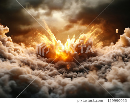Smoke effect glowing red and yellow colors exploding. AI Generated. 129990033