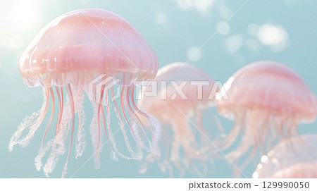 Background of jellyfishes in blue sea water. AI Generated. 129990050