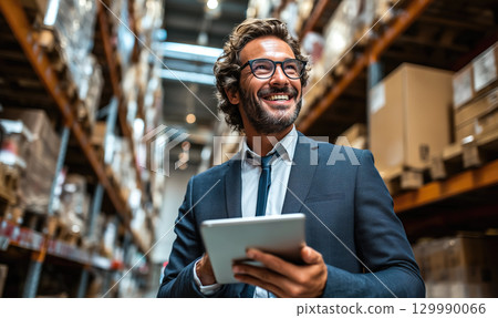A man stands in a warehouse with a tablet computer, checking inventory statements for the presence of goods. The concept of logistics, supply chain management, and digital inventory control. Generativ A man stands in a warehouse with a tablet computer, checking inventory statements for the presence of goods. The concept of logistics, supply chain management, and digital inventory control. Generativ 129990066