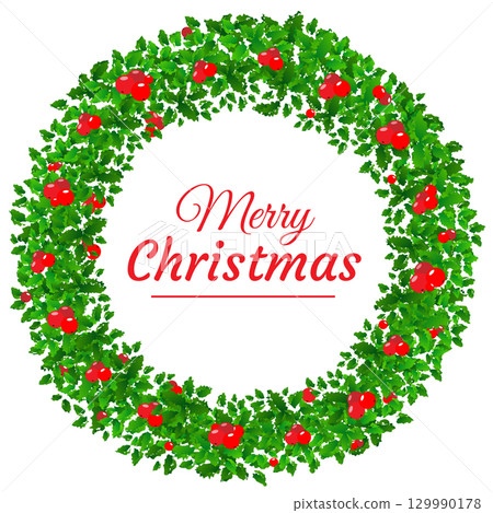 Round Christmas wreath with holly branches isolated on white. For festive design, announcements, postcards, invitations, posters. Round Christmas wreath with holly branches isolated on white. For festive design, announcements, postcards, invitations, posters. 129990178