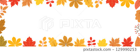 Autumn horizontal vector background border with colorful fall leaves in red, orange yellow and brown colors for banner, frame or product design Autumn horizontal vector background border with colorful fall leaves in red, orange yellow and brown colors for banner, frame or product design 129990253