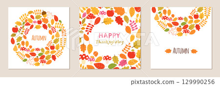 Autumn vector set with cute backgrounds, greeting cards or templates with fall leaves, mushrooms, apples and pears illustration in red, yellow, orange and brown colors with copy space for text 129990256