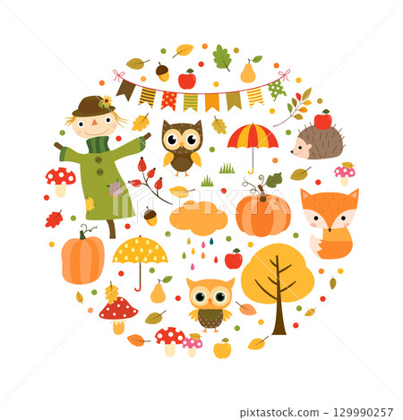 Cute autumn and Thanksgiving drawings in orange, green and red colors in circle shape for greeting cards, brochures and flyers. 129990257