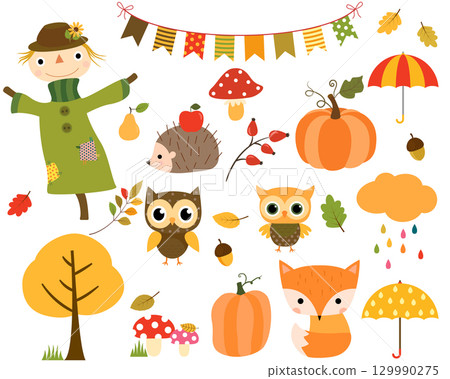 Autumn set of design elements and cartoon animals 129990275