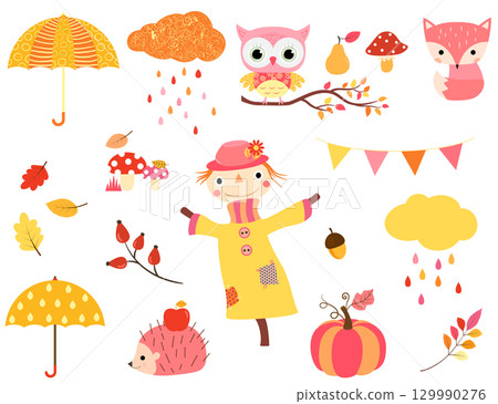 Cute autumn set in warm colors with animal characters, scarecrow and fall design elements for kids and babies 129990276