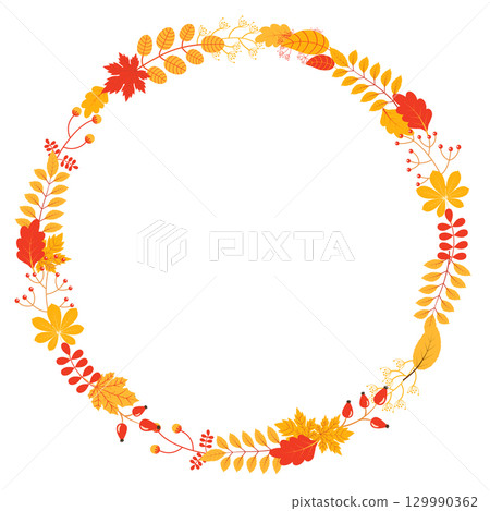 Vector fall wreath with leaves and twigs in yellow and red colors for autumn designs, greeting cards and scrapbooking 129990362