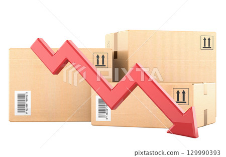 Cardboard shipping boxes with red downward arrow. Falling sales, declining demand or reduced delivery volumes. 3D rendering Cardboard shipping boxes with red downward arrow. Falling sales, declining demand or reduced delivery volumes. 3D rendering 129990393
