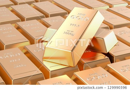 Gold bars stacked together with one ingot placed at an angle. 3D rendering Gold bars stacked together with one ingot placed at an angle. 3D rendering 129990396