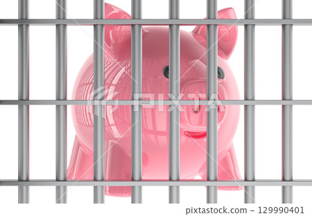 Piggy bank behind bars. Financial limitations, restricted access to money or blocked savings, concept. 3D rendering 129990401