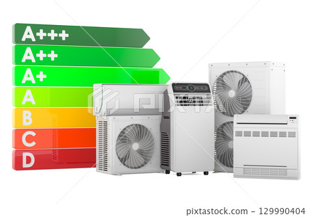 Set of air conditioners and energy efficiency scale. 3D rendering 129990404