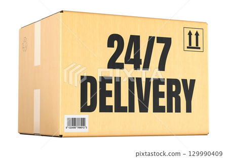 24/7 delivery concept with parcel, cardboard box. 3D rendering 24/7 delivery concept with parcel, cardboard box. 3D rendering 129990409