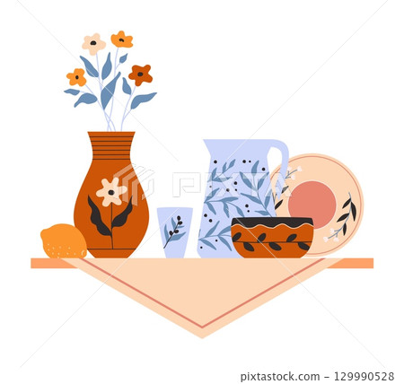 Ceramic and pottery composition. Teapot, vase with print and plate. Cute cup and kettle with botanical pattern. Utensil cozy for kitchen. Tea crockery dishware. Vector cartoon illustration Ceramic and pottery composition. Teapot, vase with print and plate. Cute cup and kettle with botanical pattern. Utensil cozy for kitchen. Tea crockery dishware. Vector cartoon illustration 129990528