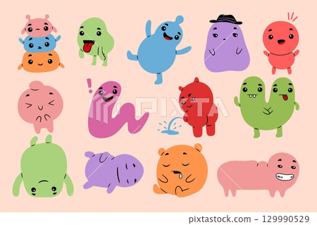 Cute monsters. Doodle creature face. Playful children kawaii animal or alien toy mascot. Color beast smile. Happy and angry comic characters. Emotion expression. Vector kids icons set 129990529