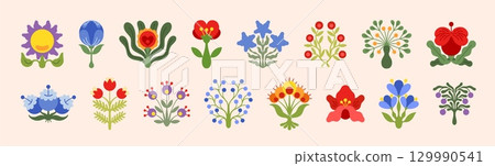 Flower icons. Cute doodle leaf, floral plant leaves or daisy branch, wildflower botanical card drawing. Summer season ornament. Logo element. Abstract botany. Vector flat isolated set 129990541