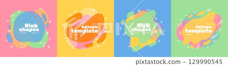 Abstract shapes. Graphic color waves, liquid gradient or fluid modern patterns. 3d line bright splash, flow frame. Decorative blobs, organic forms design template. Vector background 129990545