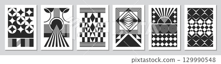 Retro pattern. Abstract modern black geometric shapes. Simple graphic illusion poster or texture card. Figures collage. Monochrome print. Typography booklet. Vector Bauhaus banners set 129990548
