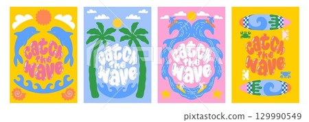 Beach posters. Palm tree. Sea wave. Summer surf graphic. Retro tropical nature. Ocean groovy vacation. Sun and clouds. Marine dolphin. Doodle surfboard. Seashore travel. Vector cards set 129990549