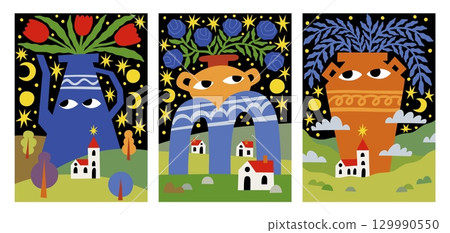 Aesthetic flowers. Abstract contemporary Scandinavian spring landscape. Modern cutout nature shapes or ornaments. Teapot and vase with bloom bouquet. Vector psychedelic design cards set Aesthetic flowers. Abstract contemporary Scandinavian spring landscape. Modern cutout nature shapes or ornaments. Teapot and vase with bloom bouquet. Vector psychedelic design cards set 129990550