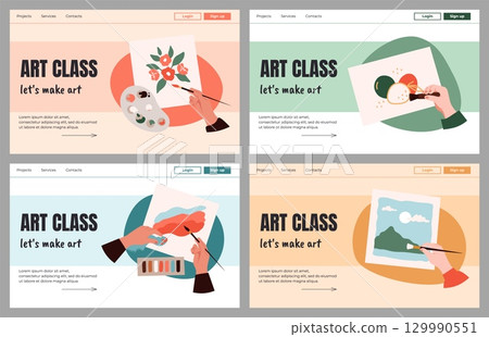 Hands making notes. Art class landing page. Painter education course. Website design template. Arms painting pictures. Artistic hobby studio. Creative school. Vector backgrounds set Hands making notes. Art class landing page. Painter education course. Website design template. Arms painting pictures. Artistic hobby studio. Creative school. Vector backgrounds set 129990551