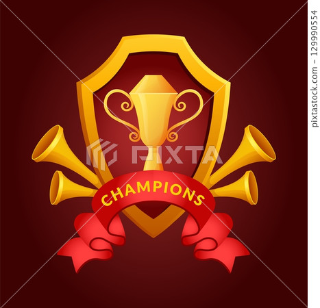 Congratulation winner card. Golden cup, gold heraldic shield and red ribbons. Success leader celebration in sport and business, quality prize, emblem design. Vector cartoon flat illustration Congratulation winner card. Golden cup, gold heraldic shield and red ribbons. Success leader celebration in sport and business, quality prize, emblem design. Vector cartoon flat illustration 129990554