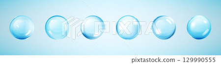 3D water ball. Glass blue drop. Transparent soap sphere droplet or white round collagen moisture serum. Clear orb reflection. Geometric glossy form. Vector abstract liquid gel shapes set 3D water ball. Glass blue drop. Transparent soap sphere droplet or white round collagen moisture serum. Clear orb reflection. Geometric glossy form. Vector abstract liquid gel shapes set 129990555