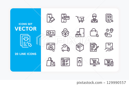 Online store icons. Order package. Web shopping. Express delivery. Computer click for buying. Purchase payment symbol. Supermarket basket app. Box shipping. Vector e-commerce sign set 129990557