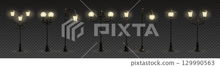 Street lamp. 3D light pole. Stand for post or park road. Outdoor streetlight. Vintage night lantern on transparent background. Town classic illumination. Vector isolated lampposts set 129990563