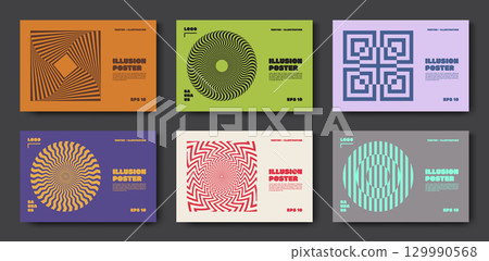 Shape patterns. Graphic illusion. Abstract line background with sun optical spirals. Psychedelic art texture. Minimal geometric forms. Hypnotic swirl. Vector design posters templates set 129990568