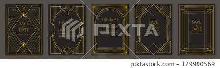 Gatsby frame. Gold art deco invite card. Elegant luxury border design. Decorative vintage lines. Marriage ceremony celebration. Wedding invitation. Vector retro poster templates set 129990569