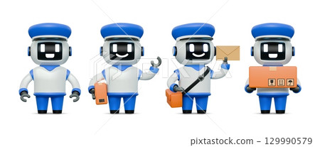 3D robot. Cute AI characters. Engineer mascot expression or facial friendly courier bot. Artificial intelligence technology. Postal kawaii assistant. Mail delivery. Vector androids set 3D robot. Cute AI characters. Engineer mascot expression or facial friendly courier bot. Artificial intelligence technology. Postal kawaii assistant. Mail delivery. Vector androids set 129990579