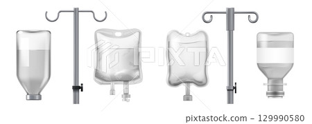 Realistic dropper. Health care package. Medical bottle mockup. Cure transfusion. Hospital intravenous injection. Medicine or pharmacy packaging. Glass tube holder. Vector objects set Realistic dropper. Health care package. Medical bottle mockup. Cure transfusion. Hospital intravenous injection. Medicine or pharmacy packaging. Glass tube holder. Vector objects set 129990580