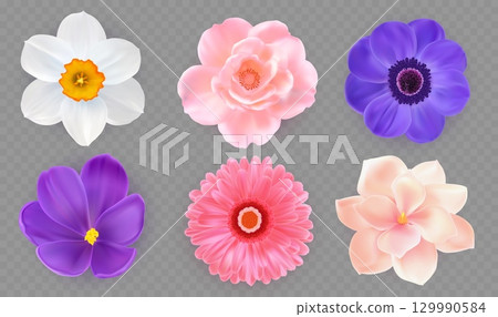 3d flowers. Spring daisy, peony bloom, floral chrysanthemum, orchid blossom, nature summer day isolated elements. Fresh pink purple plant decoration top view. Vector realistic floral set 3d flowers. Spring daisy, peony bloom, floral chrysanthemum, orchid blossom, nature summer day isolated elements. Fresh pink purple plant decoration top view. Vector realistic floral set 129990584