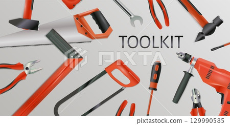 Repair tools. House construction equipment. Hardware instruments. Metal hammer and screwdriver. Carpentry workshop. Fixing calipers. Perforator for renovation. Vector toolkit background 129990585