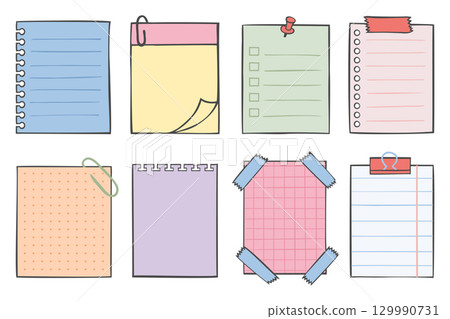 Colorful reminder notes, memo sheets, and paper templates in flat style Colorful reminder notes, memo sheets, and paper templates in flat style 129990731