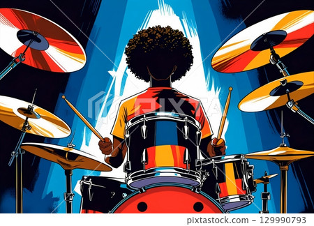 A drummer in silhouette in the middle of a solo. 129990793