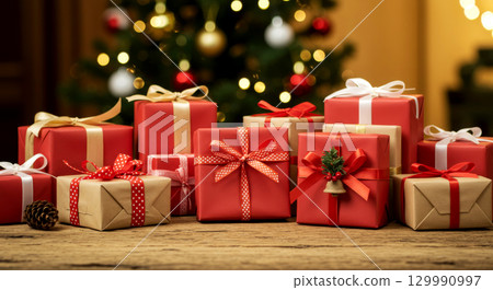 Festive Christmas gifts on a wooden table with a blurred background of a decorated Christmas tree. 129990997
