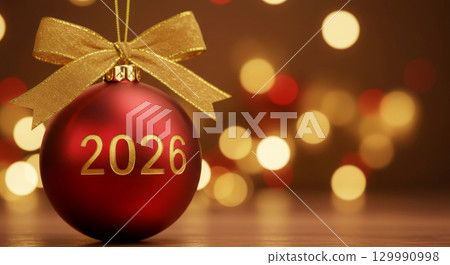 Red Christmas ornament with 2026 and golden ribbon. New Year, holiday greetings, and festive celebrations. 129990998