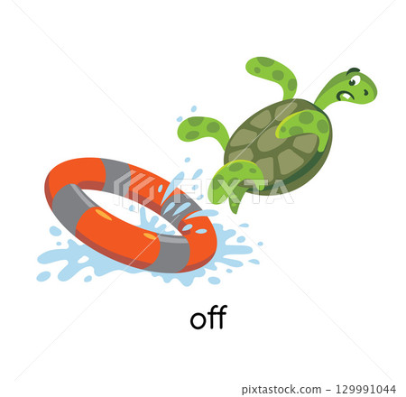 Preposition. Turtle is OFF the lifebuoy 129991044