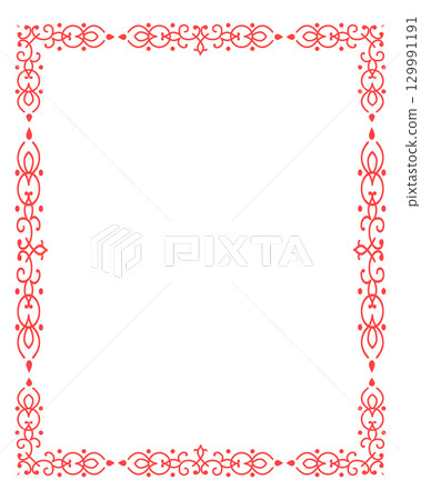 Elegant red ornamental border frame with decorative swirls on white background. Perfect for invitations, greeting cards, certificates, wedding and festive designs. 129991191
