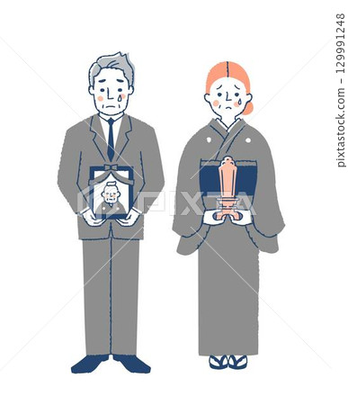身著喪服的男子和女子手持死者遺像和祖先牌位 129991248