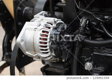 Close-up of an automotive alternator in an engine compartment. Close-up of an automotive alternator in an engine compartment. 129991304