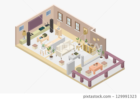 Living room with isometric balcony 129991323