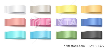 Textile tag labels. Color realistic fabric tags, empty cloth label mockup, cotton badge, apparel fashion banner, sewn garment ribbons for brand name. Vector 3D set 129991377
