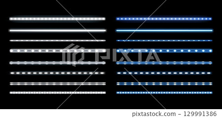 Neon led line. White and blue glowing tube stripe lamps. Bright luminous fluorescent bar stick straight lines, decorative electric light equipment. Vector 3d realistic set 129991386