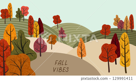 Colorful trees growing on rolling hills during fall season 129991411