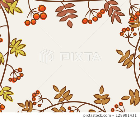 Rowan branches creating autumn frame on light background 129991431