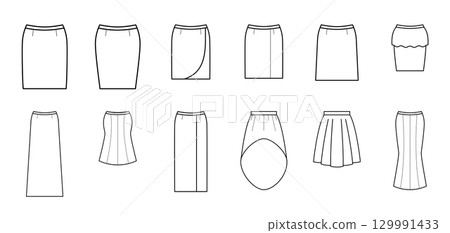 Fashion designer drawing different types of skirts Fashion designer drawing different types of skirts 129991433
